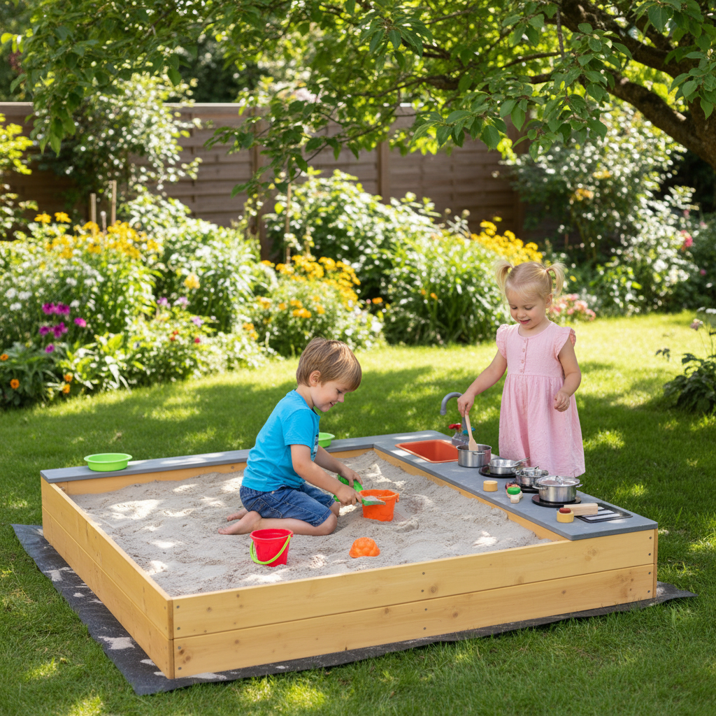 Kids Sandbox Outdoor Wooden Sandpit W Bottom Liner Creative Cooking