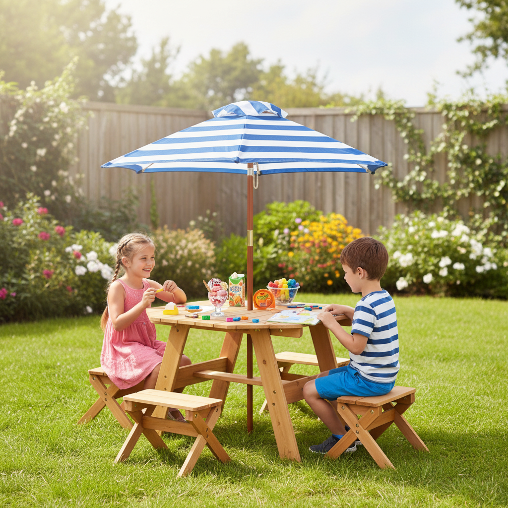Kids Wooden Table Set Octagon 4 Stools Removable Adjustable Umbrella