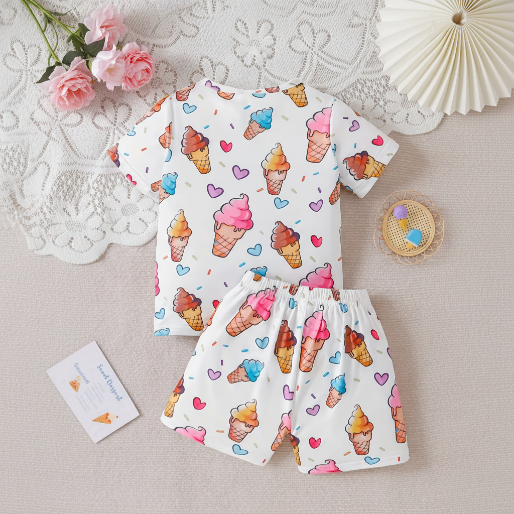 Ice Cream Print Short Pajama Set For Girls