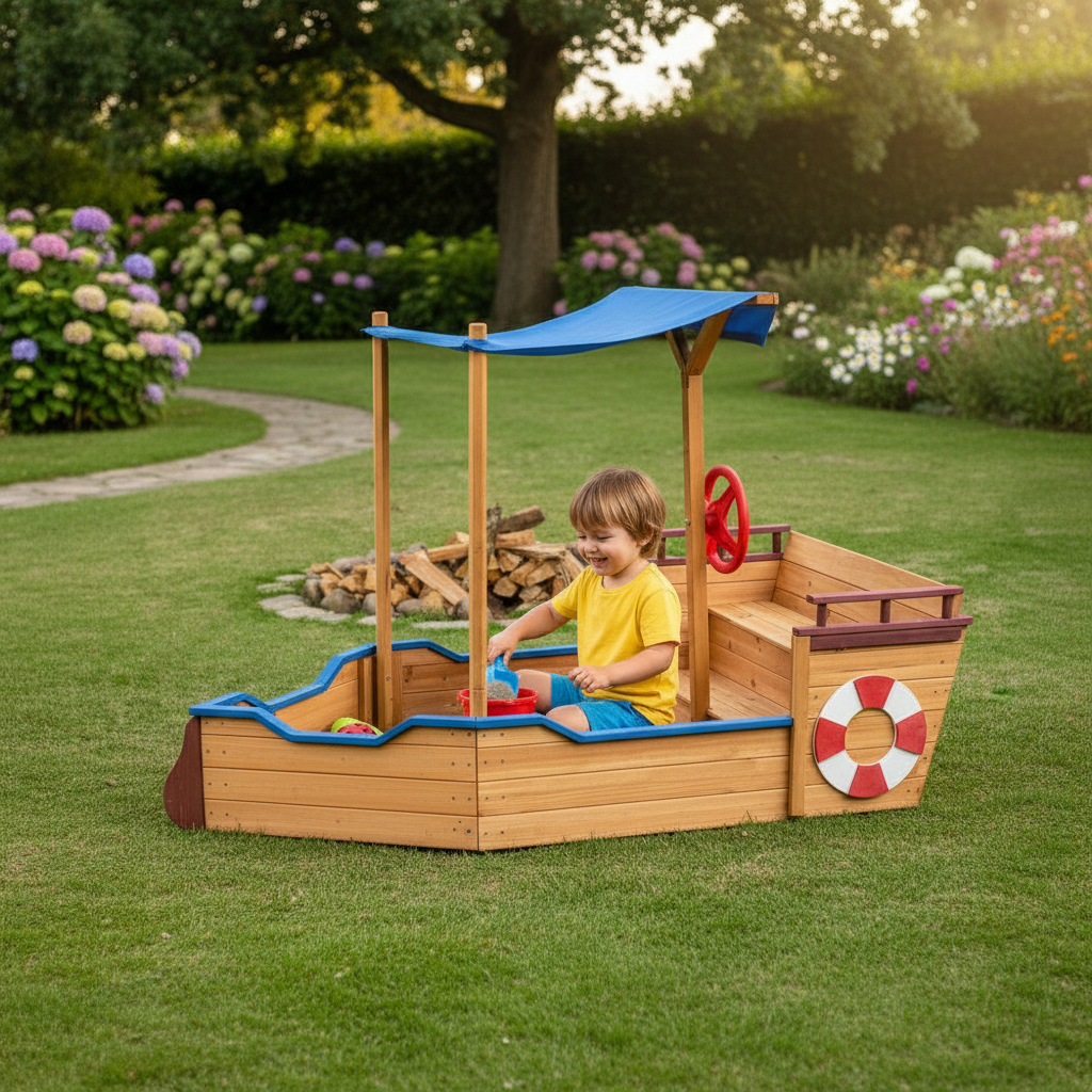 Ship Sandbox Cover Rudder Wooden Storage Bench Seat Toy