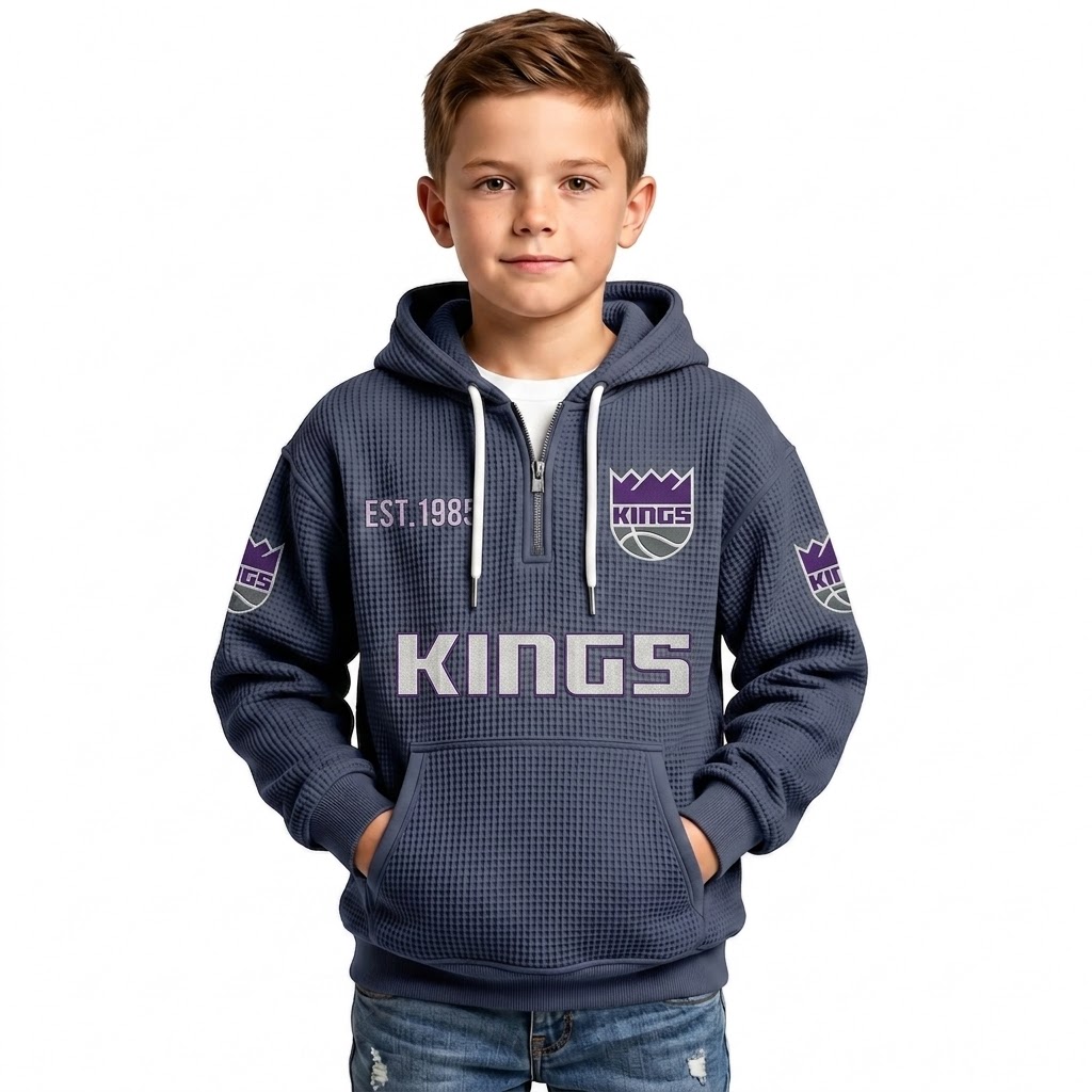 Sacramento Kings EST 1948 Printed Waffle Quarter Zip Basketball Fan Hoodie For Kids