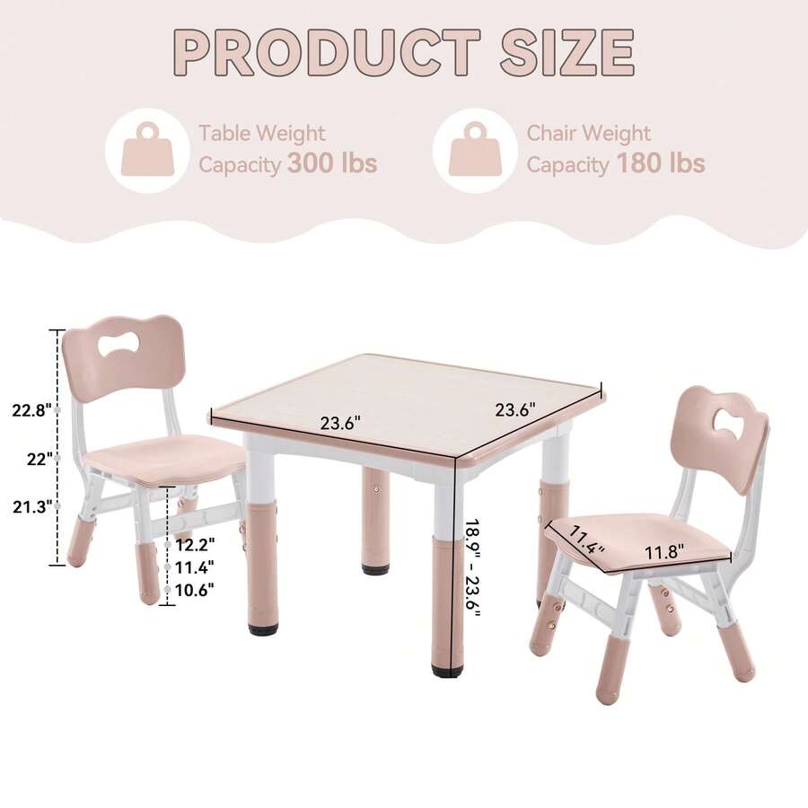 Kids Study Table And Chairs Set, Height Adjustable Toddler Table And Chair Set For Kids Ages 3-8, 23.6" L X 23.6" W Graffiti Desktop Plastic Children Art Table With 2 Seats - Pink - View 3