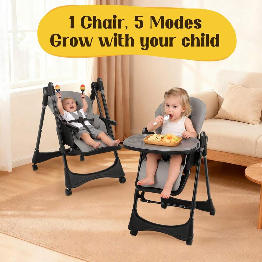 Baby High Chair6-In-1 Foldable Baby High Chair For 0-36 Months - 5 Height Adjustable Convertible Infant Toddler Feeding Chair, Removable Easy-Clean Tray & Locking Wheels, Soft PU Seat High Chair With Safety Harness, Multi-Stage High Chair For Home Dining, Travel & Small Spaces, Available In 6 Colors(The Best Christmas Gift For Children) - Dark Gray + Universal Wheel - View 9