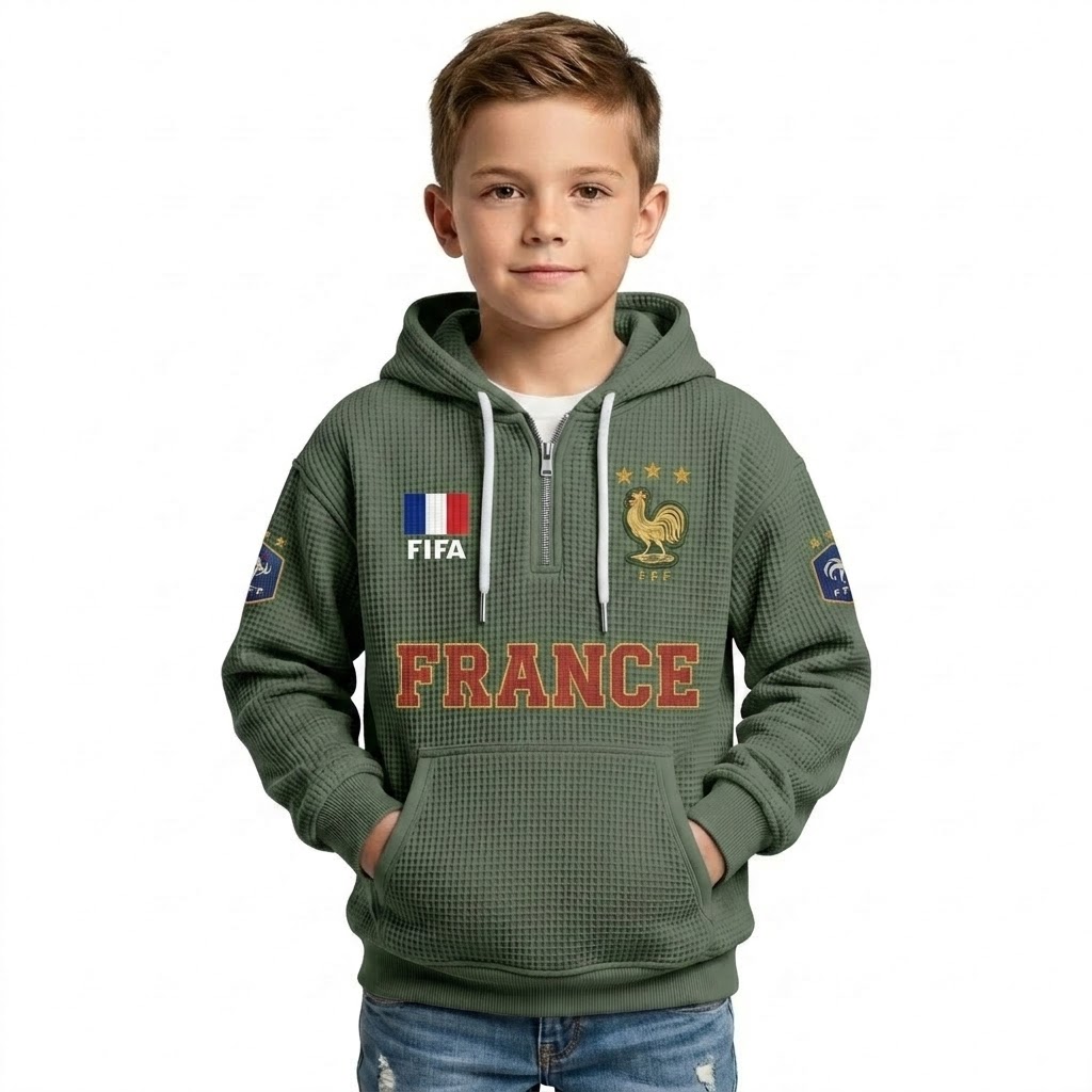 FIFA 2026 France Printed Waffle Quarter Zip Football Fan Hoodie For Kids