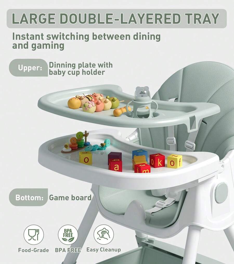 Cochildor 5-In-1 Convertible Baby High Chair - Foldable, Adjustable Height Booster Seat With Removable PU Cushion & Tray | For Babies & Toddlers  | No Wheels | Pink, Beige, Green - Green - View 4