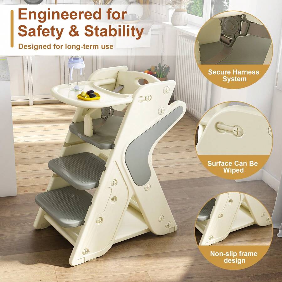 3-In-1 Adjustable Baby High Chair , Multi Functional Growing Up Dining Chair- 5-Point Safety Belt, Removable Dinner Plate, Non-Slip Feet For Kids Eating & Feeding - Grey+White - View 2