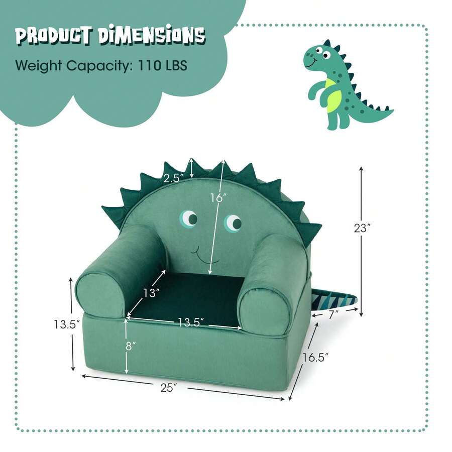 Lifezeal Kids Sofa Foam Filled Armchair Dinosaur Cuddly Toddler Couch With Washable Cover - Green - View 4