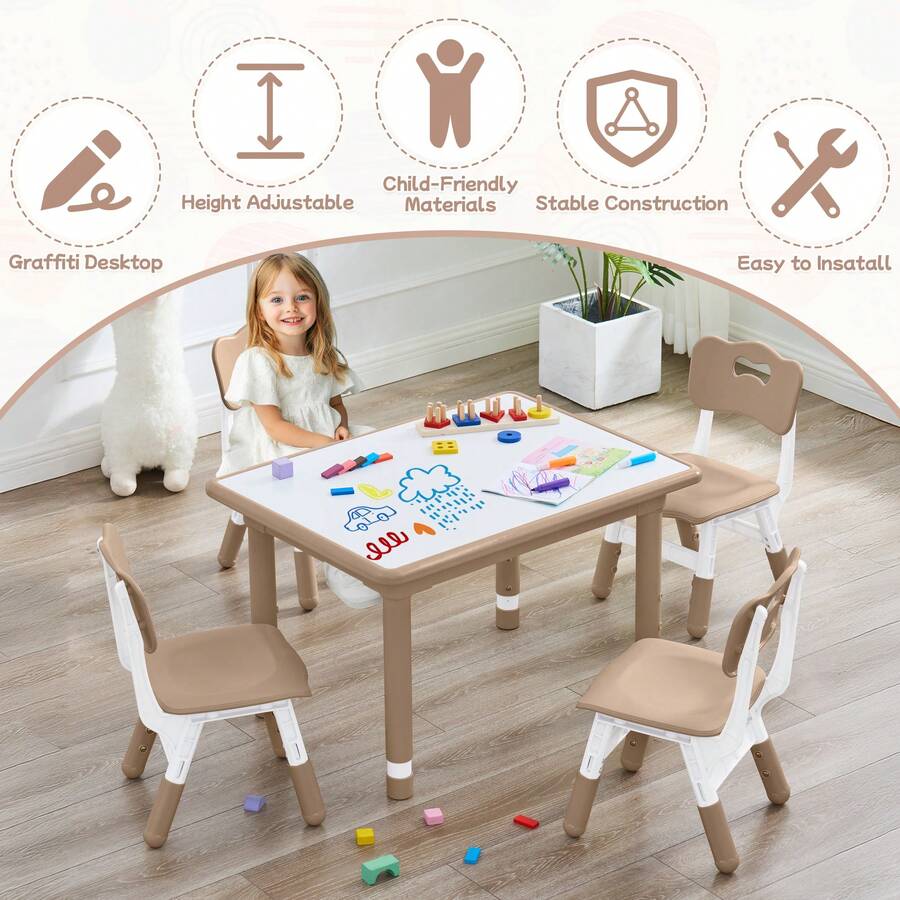 Toddler Table And Chair Set, Height Adjustable-Upgrade Kids Desk And 4 Chairs For Ages 3-8, Children's Multi-Activity Table With Graffiti Desktop And Marble Pattern For Home/Daycare/Classroom - Chocolate White Board - View 6