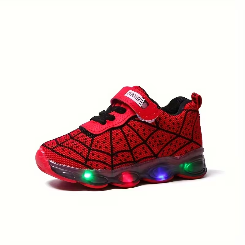 Flashing LED Sneakers With Mesh Spider Design For Kids