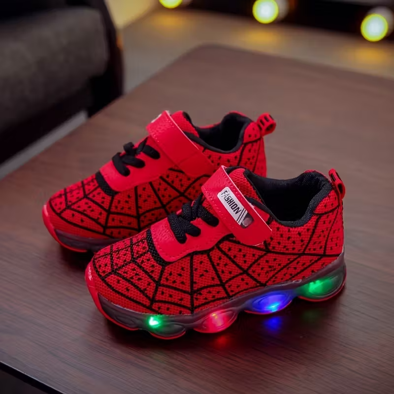 Flashing LED Sneakers With Mesh Spider Design For Kids