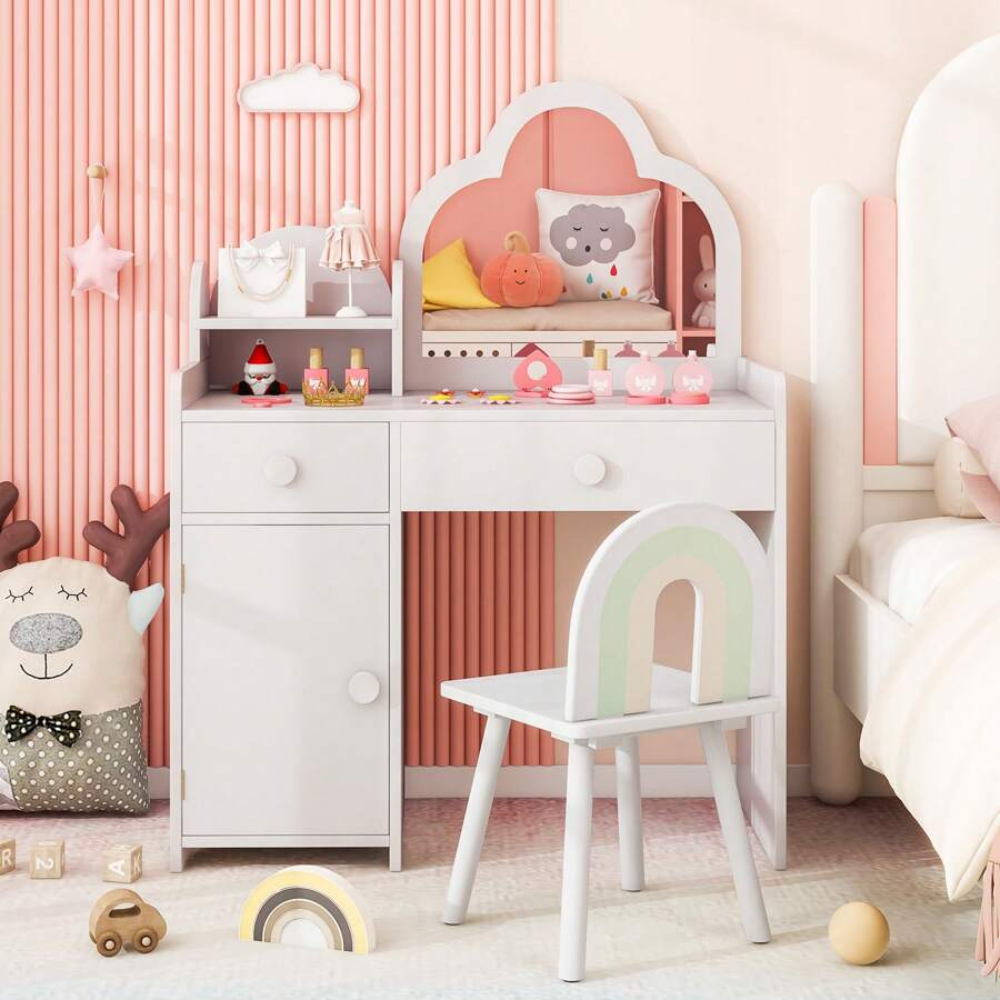 Kids Vanity Table Chair Cloud Shaped Mirror Open Shelf 