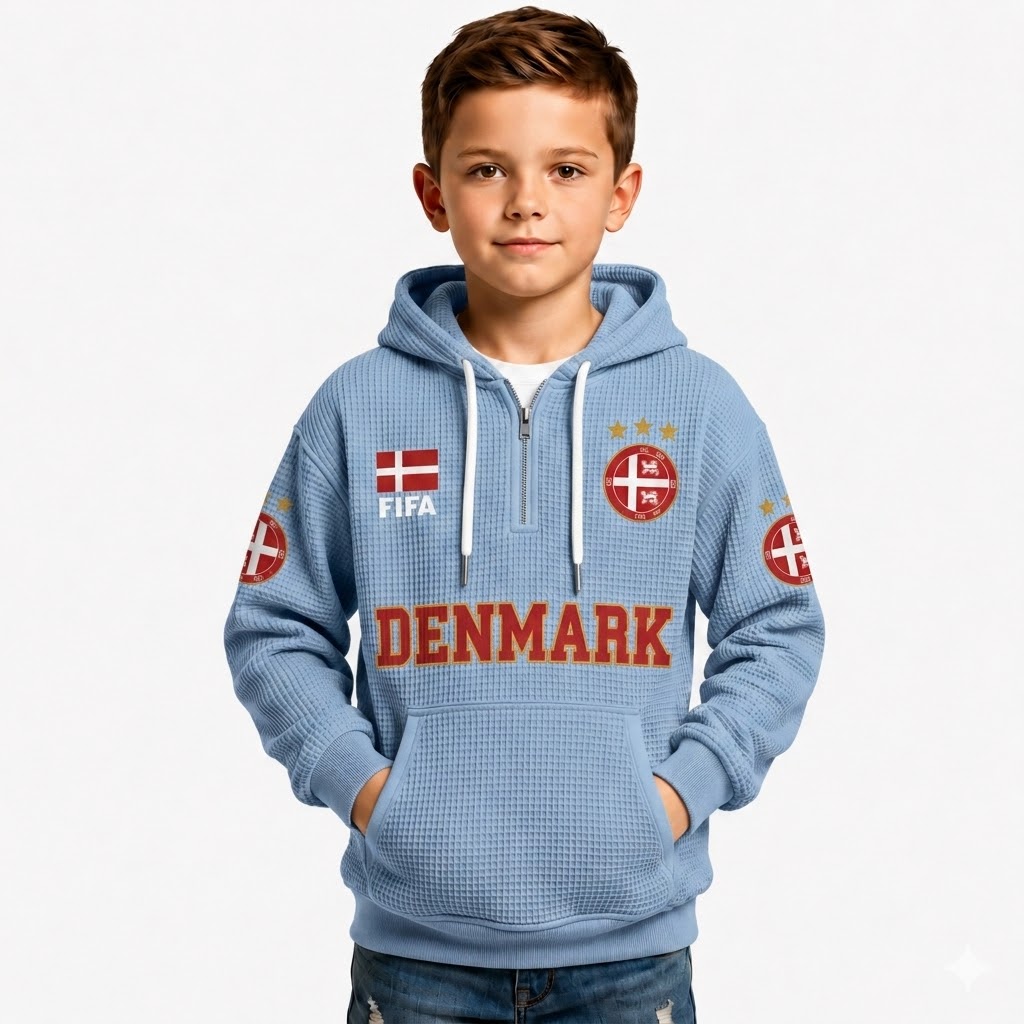 FIFA 2026 Denmark Printed Waffle Quarter Zip Football Fan Hoodie For Kids