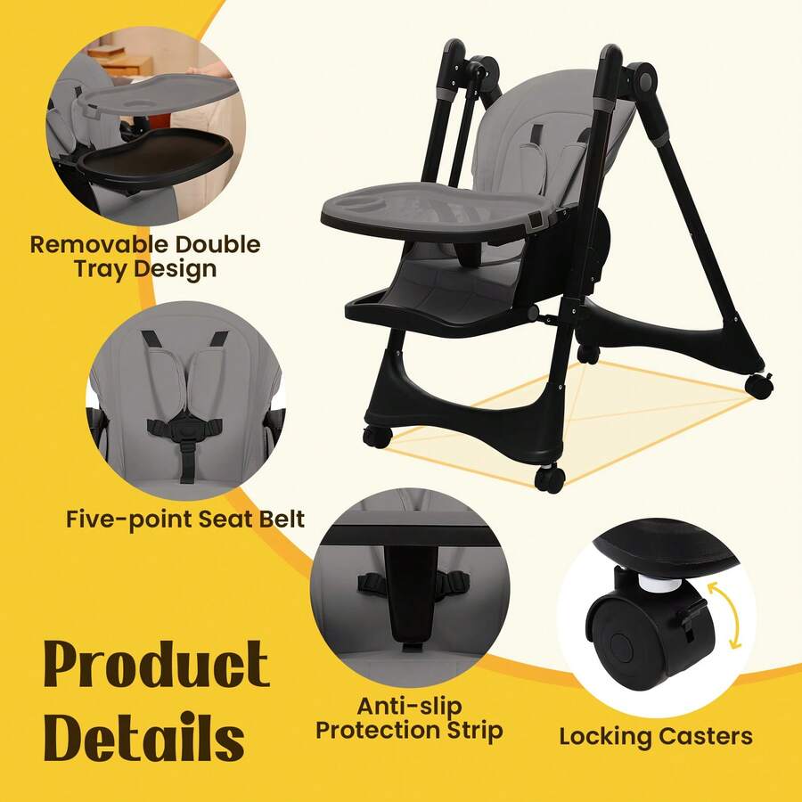 Baby High Chair6-In-1 Foldable Baby High Chair For 0-36 Months - 5 Height Adjustable Convertible Infant Toddler Feeding Chair, Removable Easy-Clean Tray & Locking Wheels, Soft PU Seat High Chair With Safety Harness, Multi-Stage High Chair For Home Dining, Travel & Small Spaces, Available In 6 Colors(The Best Christmas Gift For Children) - Dark Gray + Universal Wheel - View 7