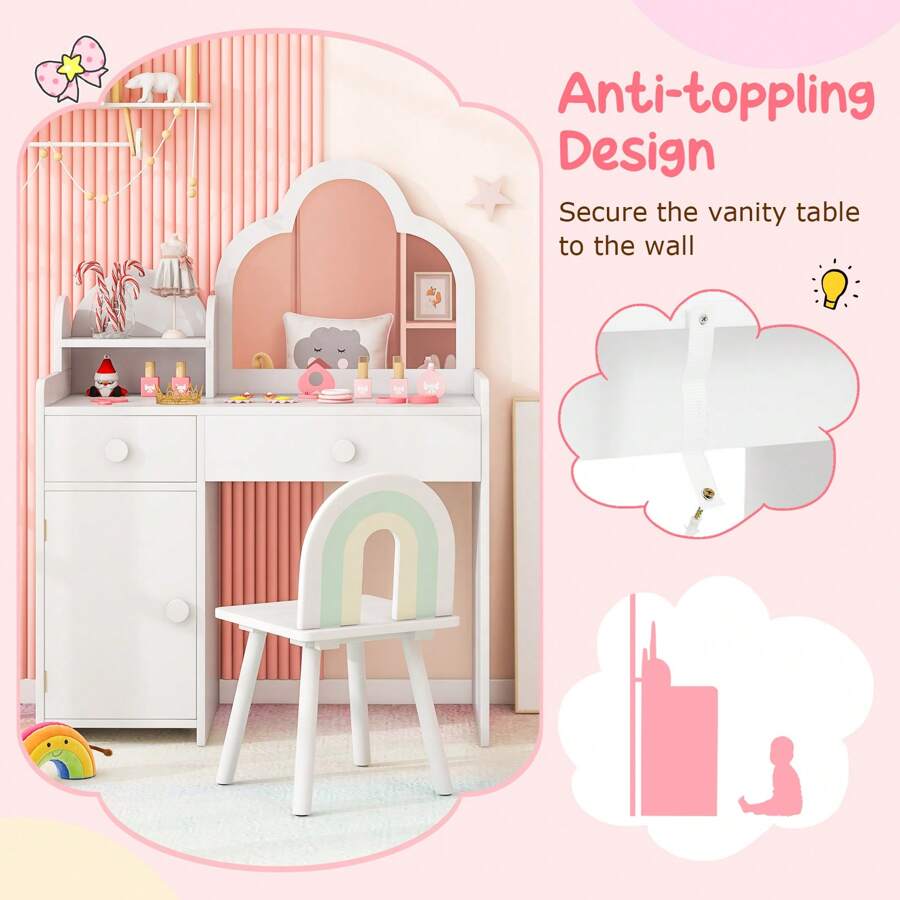 Lifezeal Kids Vanity Table And Chair Set With Cloud-Shaped Mirror Open Shelf Storage Drawers White - White - View 6