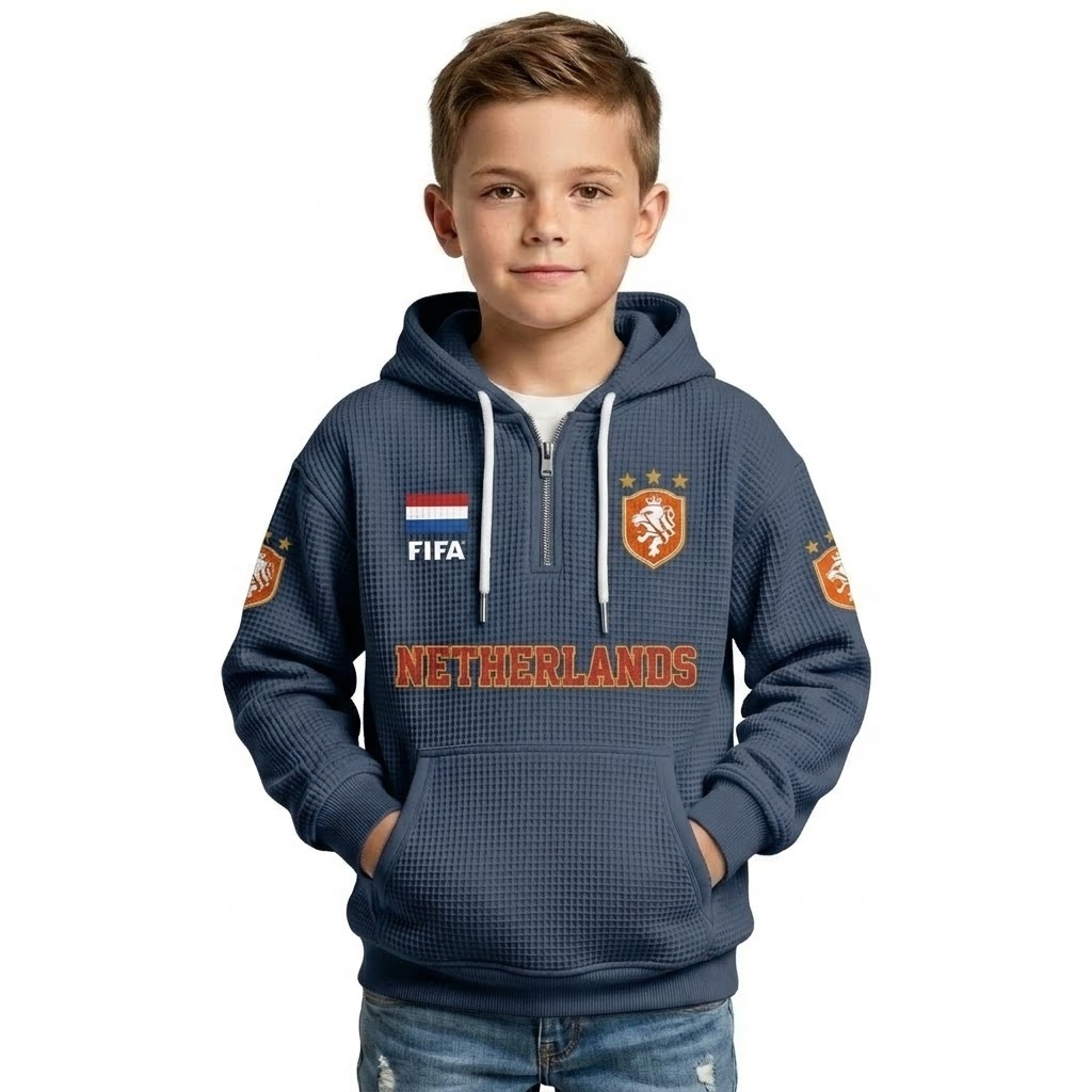 FIFA 2026 Netherlands Printed Waffle Quarter Zip Football Fan Hoodie For Kids