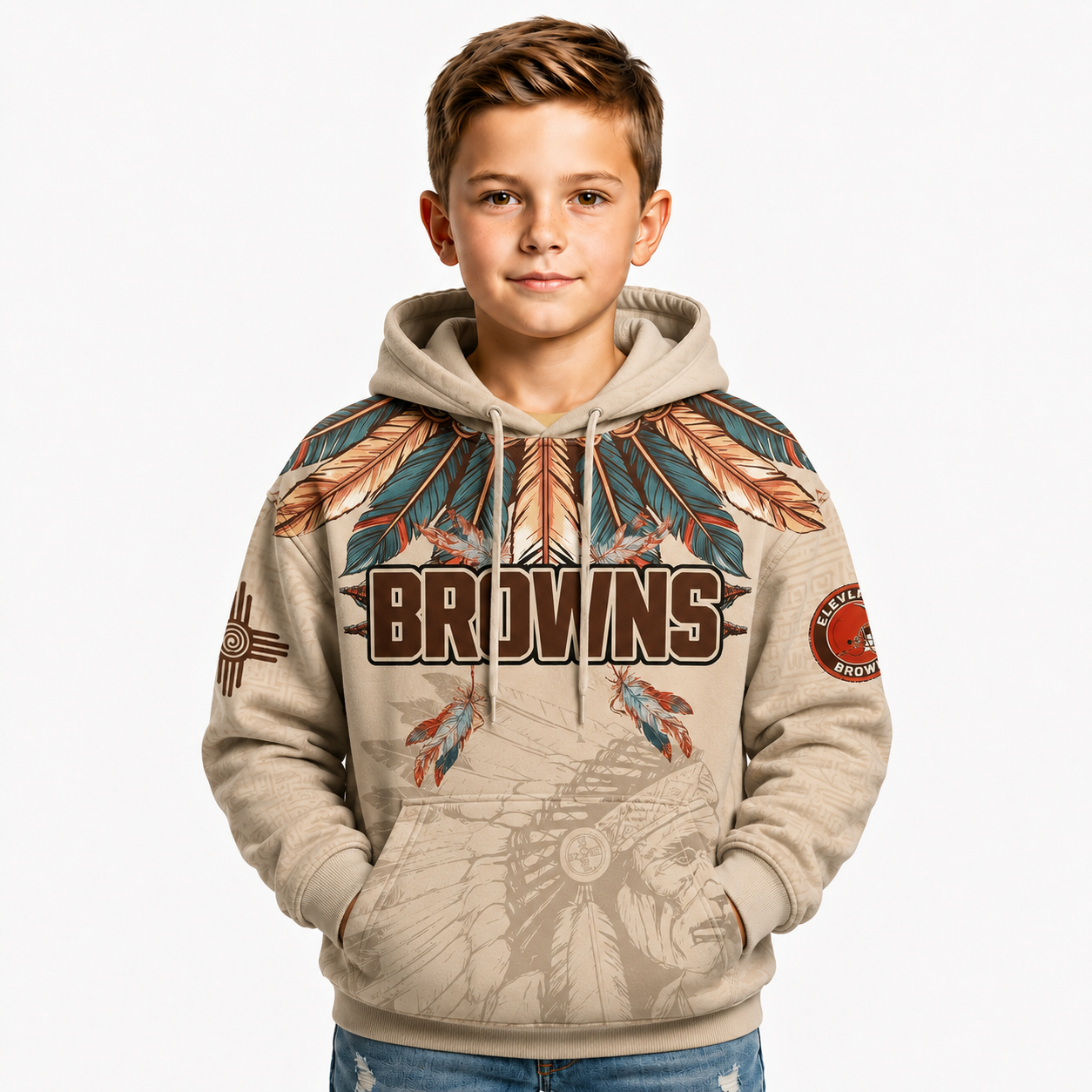 Cleveland Browns Football Themed Graphic Hoodie With Long Sleeve For Kids