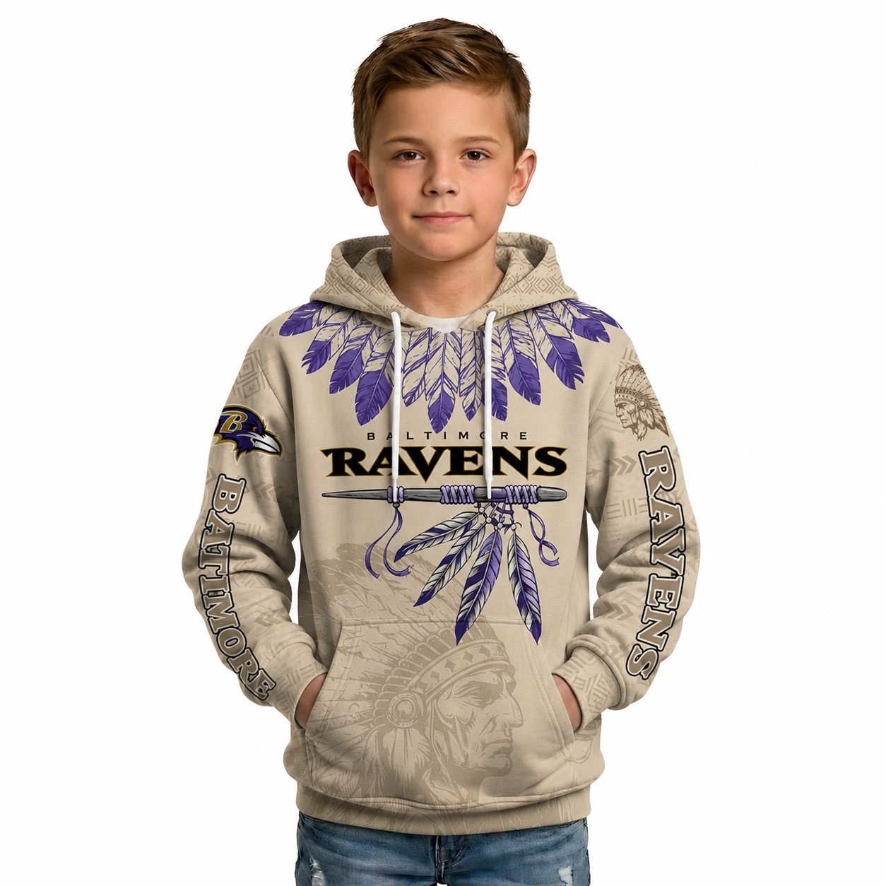Personalized Native Heritage Themed Baltimore Ravens Football Fan Hoodie For Kids
