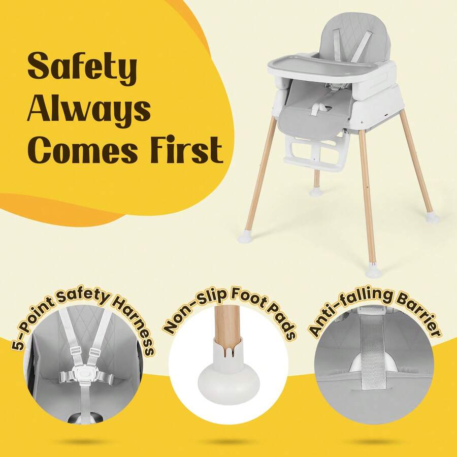 Baby High Chair,7-In-1 Foldable Baby High Chair For 0-36 Months - 5 Height Adjustable Convertible Infant Toddler Feeding Chair, Removable Easy-Clean Tray & Swivel Wheels, Soft PU Seat High Chair With Safety Harness, Multi-Stage High Chair For Home Dining, Travel & Small Spaces,Blue & Gray - Grey - View 8