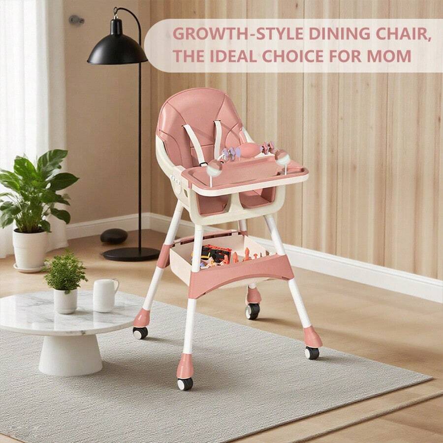 Virplik High Chair For Babies And Toddlers, Portable Multi-Functional Feeding Chair With Lock Wheels, Easy Clean Design, Comfortable Seat & Toy Storage Basket - Pink - View 6