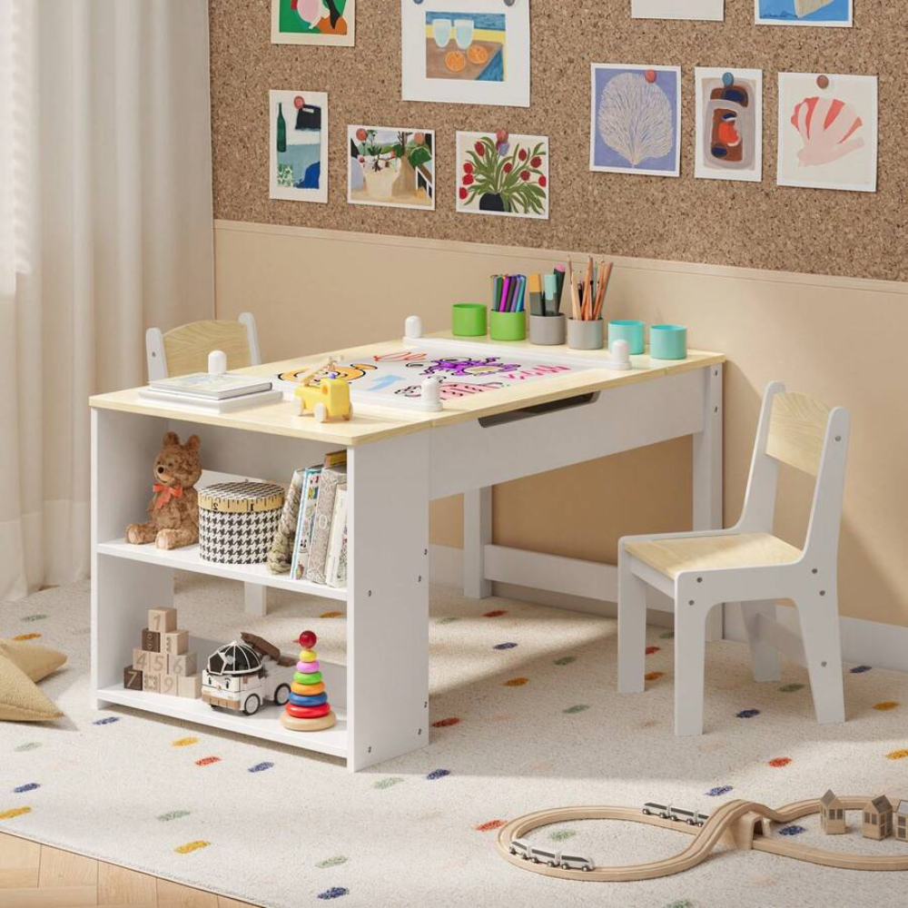 Multipurpose Kids Play Table And Chair Set With Built In Storage Shelves