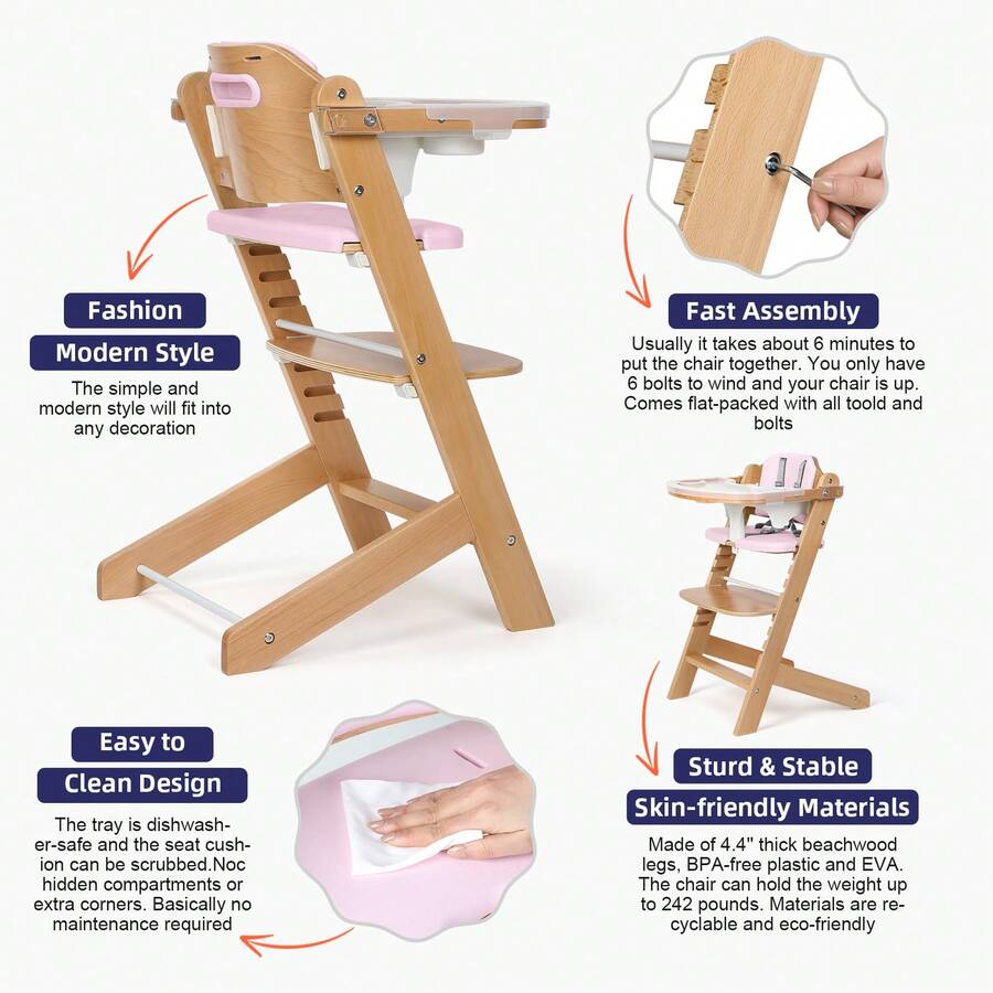 3-In-1 Convertible Wooden High Chair For Babies & Toddlers, Toddler Feeding High Chair With 3-Tier Remove, 2 Adjustable Wood Tray, 8 Levels Adjustable, Gray Cushion And Harness, Pink - Pink - View 3