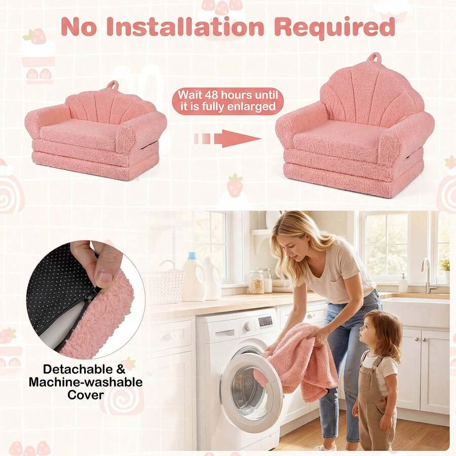 Fold-Out Kids Sofa 2-In-1 Convertible Toddler Couch & Lounger With Non-Slip Base Beige/Green/Pink - Pink - View 4