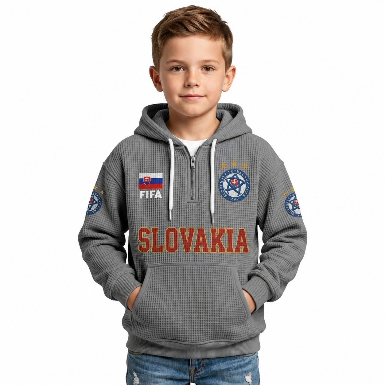 FIFA 2026 Slovakia Printed Waffle Quarter Zip Football Fan Hoodie For Kids