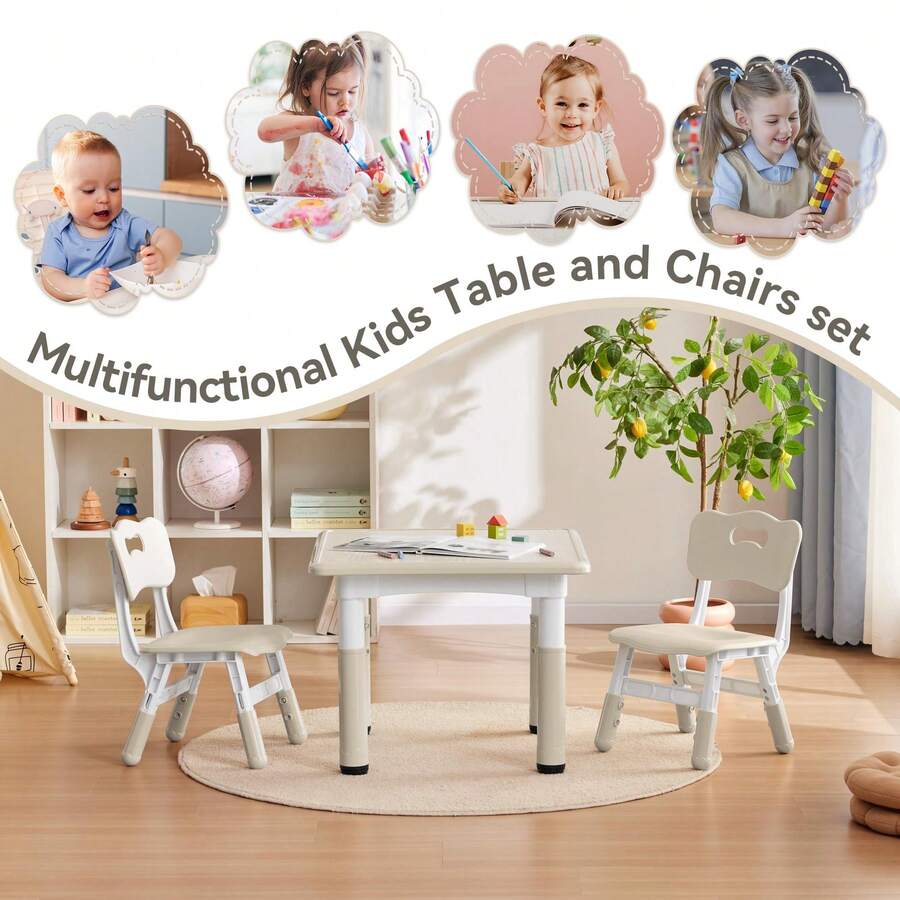 Kids Study Table And Chairs Set, Height Adjustable Toddler Table And Chair Set For Kids Ages 3-8, 23.6" L X 23.6" W Graffiti Desktop Plastic Children Art Table With 2 Seats - Wood Color - View 5