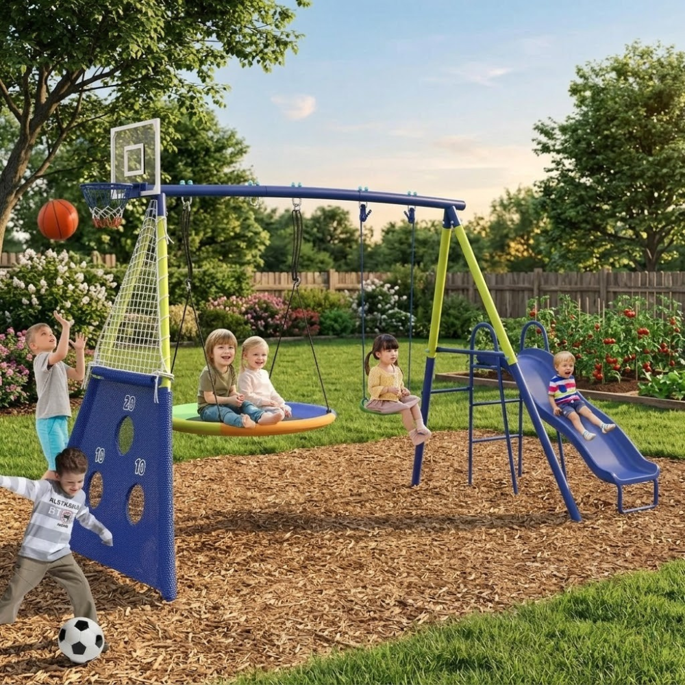 5-in-1 Kids Outdoor Swing Set With Slide
