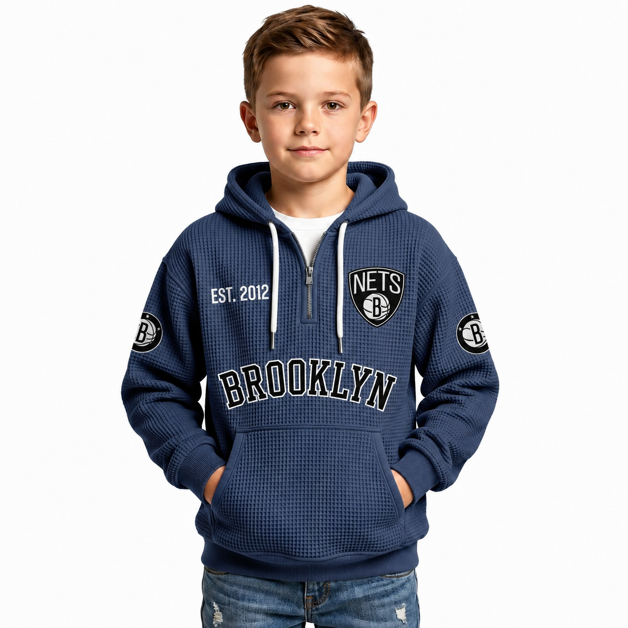 Brooklyn Nets EST 1967 Printed Waffle Quarter Zip Basketball Fan Hoodie For Kids
