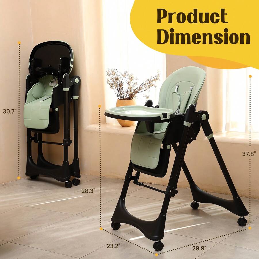 GCCSJ Baby High Chair6-In-1 Foldable Baby High Chair For 0-36 Months - 5 Height Adjustable Convertible Infant Toddler Feeding Chair, Removable Easy-Clean Tray & Locking Wheels, Soft PU Seat High Chair With Safety Harness, Multi-Stage High Chair For Home Dining, Travel & Small Spaces, Available In 6 Colors(The Best Christmas Gift For Children) - Black Green + Universal Wheel - View 9