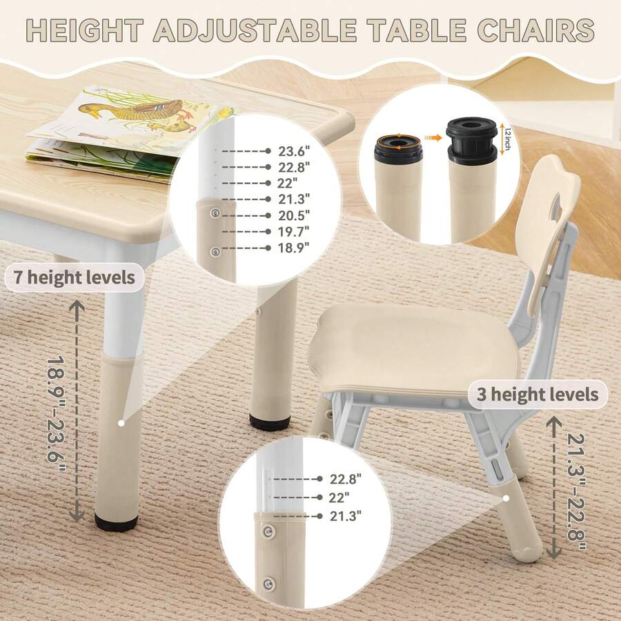 Kids Study Table And Chairs Set, Height Adjustable Toddler Table And Chair Set For Kids Ages 3-8, 31.5" L X 23.6" W Graffiti Desktop Plastic Children Art Table With 4 Seats - Wood Color - View 2