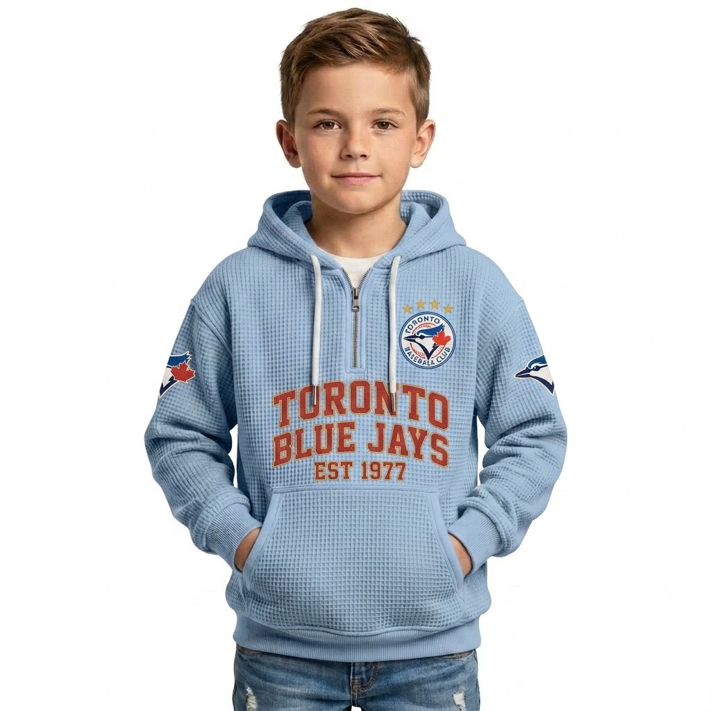 Toronto Blue Jays EST 1977 Printed Waffle Quarter Zip Baseball Fan Hoodie For Kids