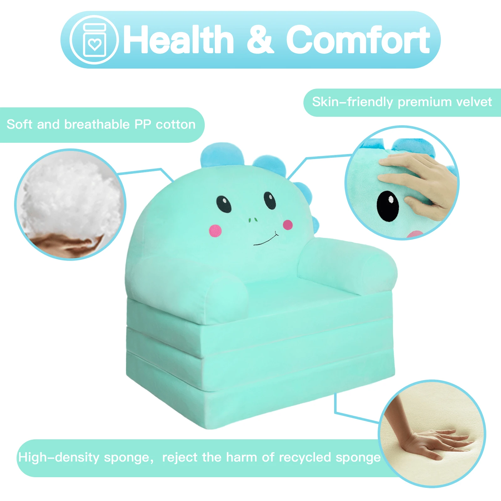 2-In-1 Convertible Kids Couch, Velvet Flip Open Sofa Bed And Lounge Chair, Comfy For Reading And Relaxing - Green Dinosaur - View 6