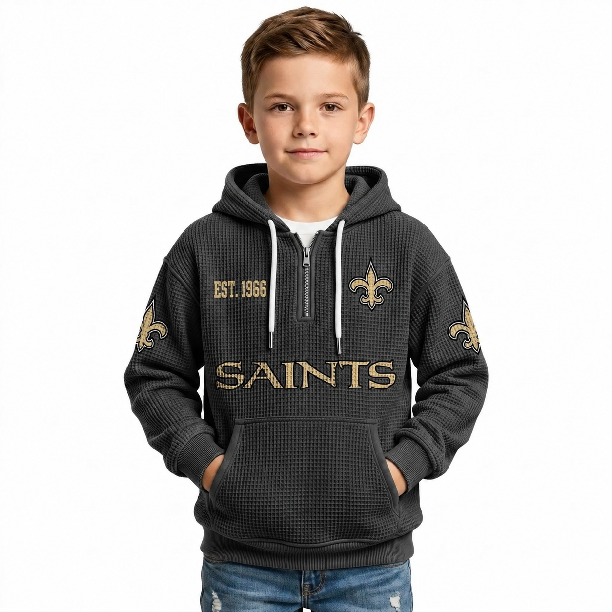 Orleans Saints EST 1966 Waffle Quarter Zip Football Fan Hoodie For Kids