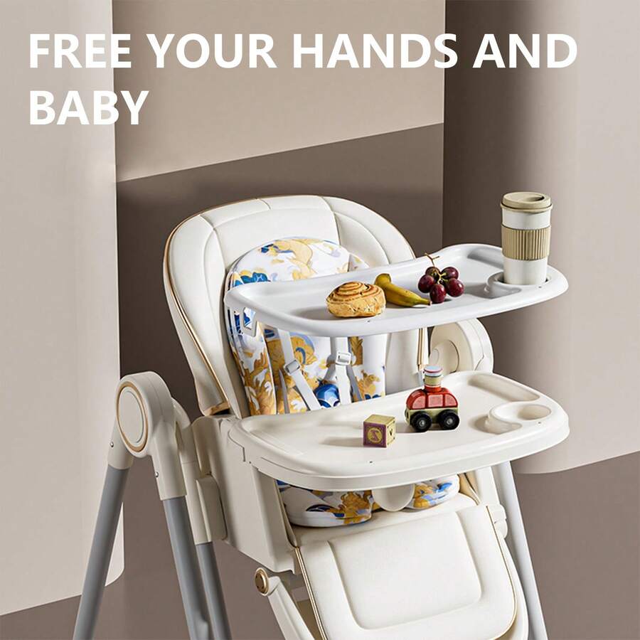 Lcchabls 3-In-1 Baby High Chair With Removable Dual Trays, Adjustable Feeding & Rocking Seat For Toddlers, 8 Height Levels, Reclining Backrest, Locking Wheels, PU Cushion, Foldable Travel Design, Ages 1+ - White - View 5