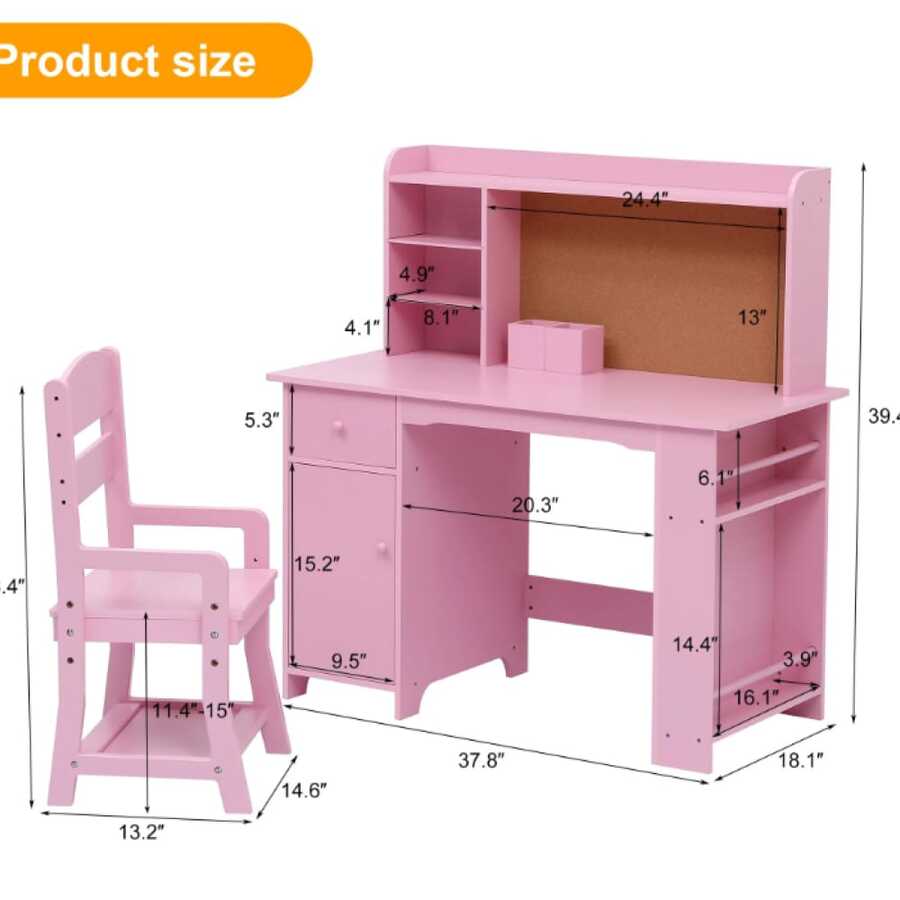 Huisuilinss Kids Study Desk And Chair Set,Wood Children Study Table,Student Writing Table,Computer Workstation With Bookshelf,Bulletin Board And Cabinets For Boys And Girls Ages 3-8 - Pink - View 3