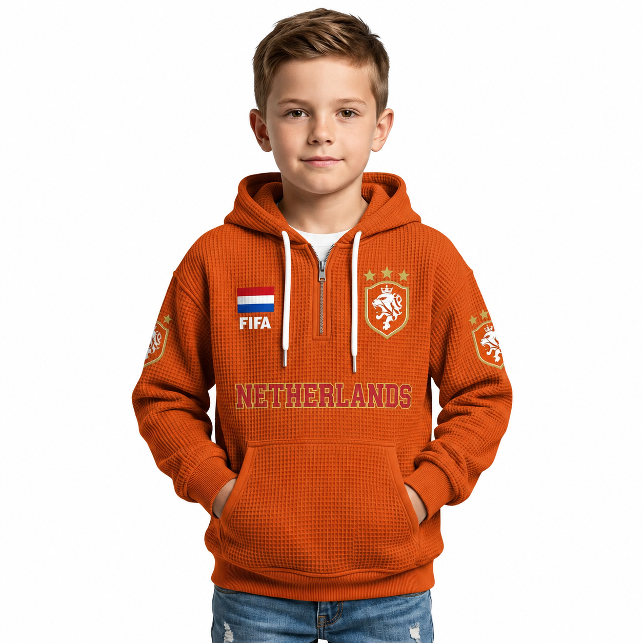 FIFA 2026 Netherlands Printed Waffle Quarter Zip Football Fan Hoodie For Kids