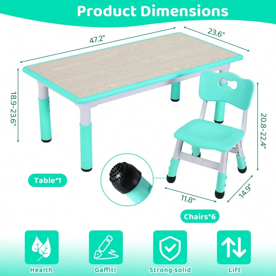 MAMIZO Kids Table And 6 Chairs Set, Height Adjustable Graffiti Table, Preschool Activity Art Craft Table, For Daycare Classroom Home Boys And Girls Age 3-12 - Robin Egg Blue - View 2