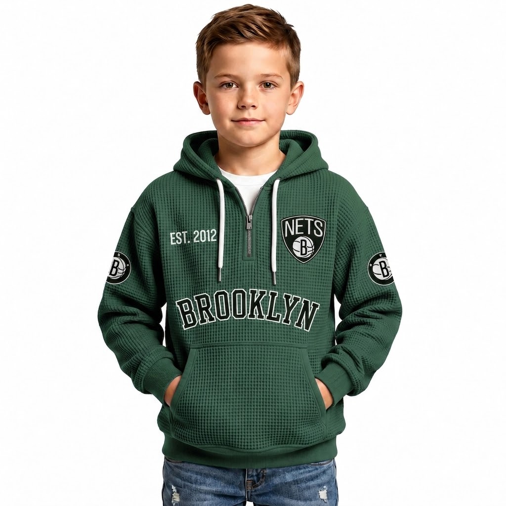 Brooklyn Nets EST 1967 Printed Waffle Quarter Zip Basketball Fan Hoodie For Kids
