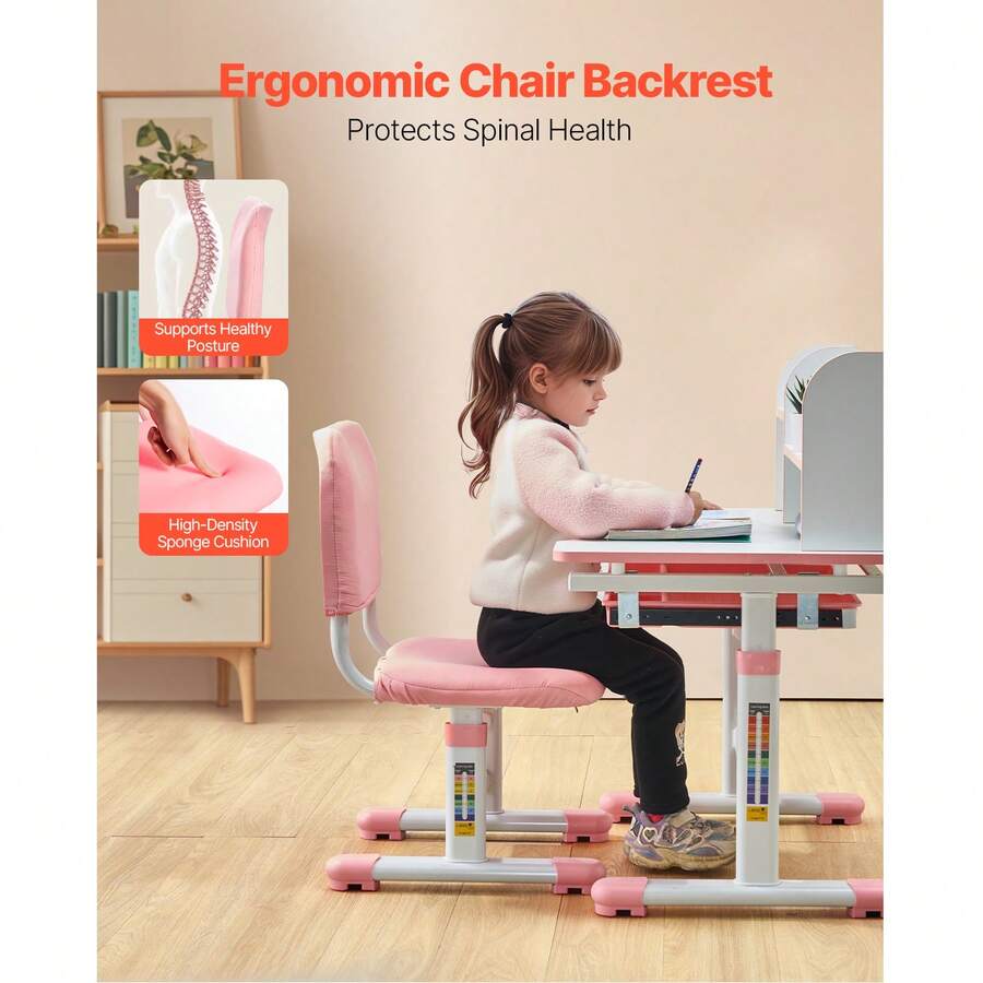 Children's Study Chair And Desk Set, Children's Study Desk And Chair With Bookshelf And Storage Drawer, Children's Study Desk And Chair With Adjustable Height, 0-40&deg; Tilting Tabletop Desk And Chair, Children's Study Desk, Suitable For Bedroom And Study Room, Pink, Blue - Height-adjustable Children's Study Table and Chair, Children's Study Table, Pink - View 4