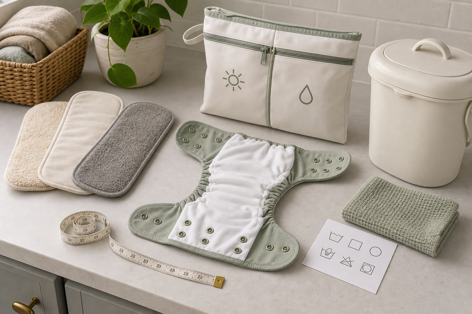Original adjustable reusable diaper, three removable inserts, divided wet dry bag, closed pail, measuring tape and blank laundry care symbols with no child present
