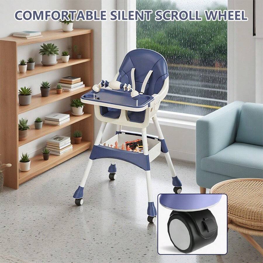 Virplik High Chair For Babies And Toddlers, Portable Multi-Functional Feeding Chair With Lock Wheels, Easy Clean Design, Comfortable Seat & Toy Storage Basket - Blue - View 7