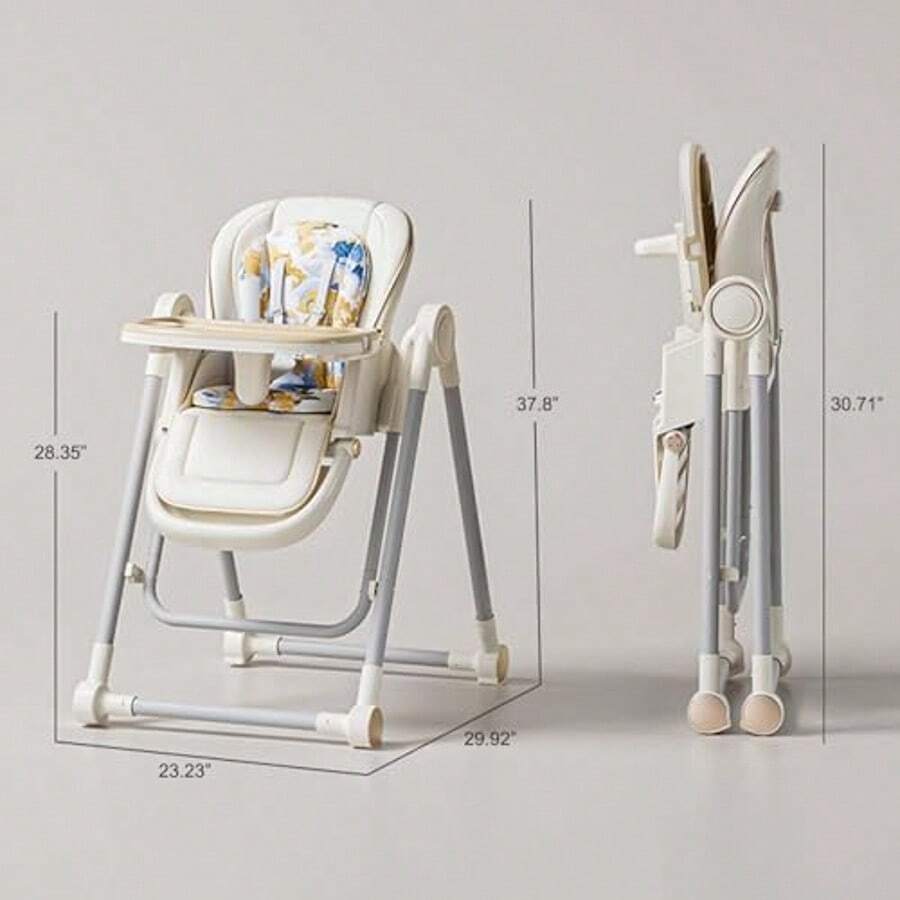 Lcchabls 3-In-1 Baby High Chair With Removable Dual Trays, Adjustable Feeding & Rocking Seat For Toddlers, 8 Height Levels, Reclining Backrest, Locking Wheels, PU Cushion, Foldable Travel Design, Ages 1+ - White - View 10