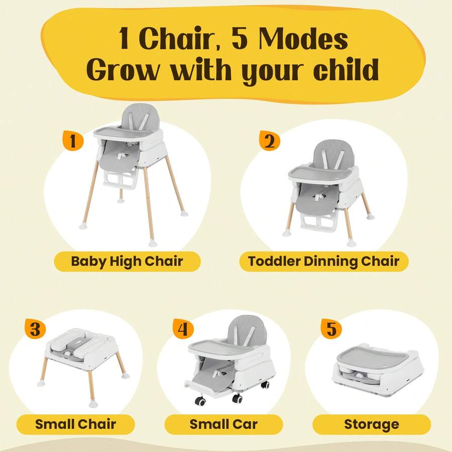 Baby High Chair,7-In-1 Foldable Baby High Chair For 0-36 Months - 5 Height Adjustable Convertible Infant Toddler Feeding Chair, Removable Easy-Clean Tray & Swivel Wheels, Soft PU Seat High Chair With Safety Harness, Multi-Stage High Chair For Home Dining, Travel & Small Spaces,Blue & Gray - Grey - View 6
