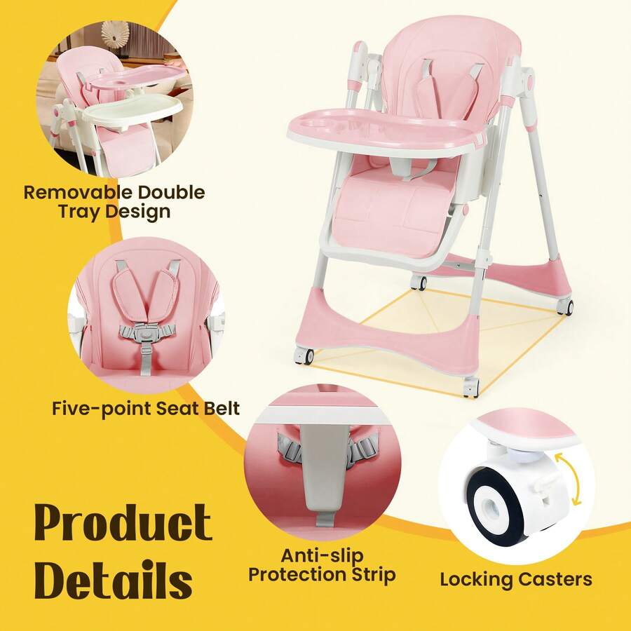 Baby High Chair6-In-1 Foldable Baby High Chair For 0-36 Months - 5 Height Adjustable Convertible Infant Toddler Feeding Chair, Removable Easy-Clean Tray & Locking Wheels, Soft PU Seat High Chair With Safety Harness, Multi-Stage High Chair For Home Dining, Travel & Small Spaces, Available In 6 Colors(The Best Christmas Gift For Children) - Peach Cherry Pink + Universal Wheel - View 8