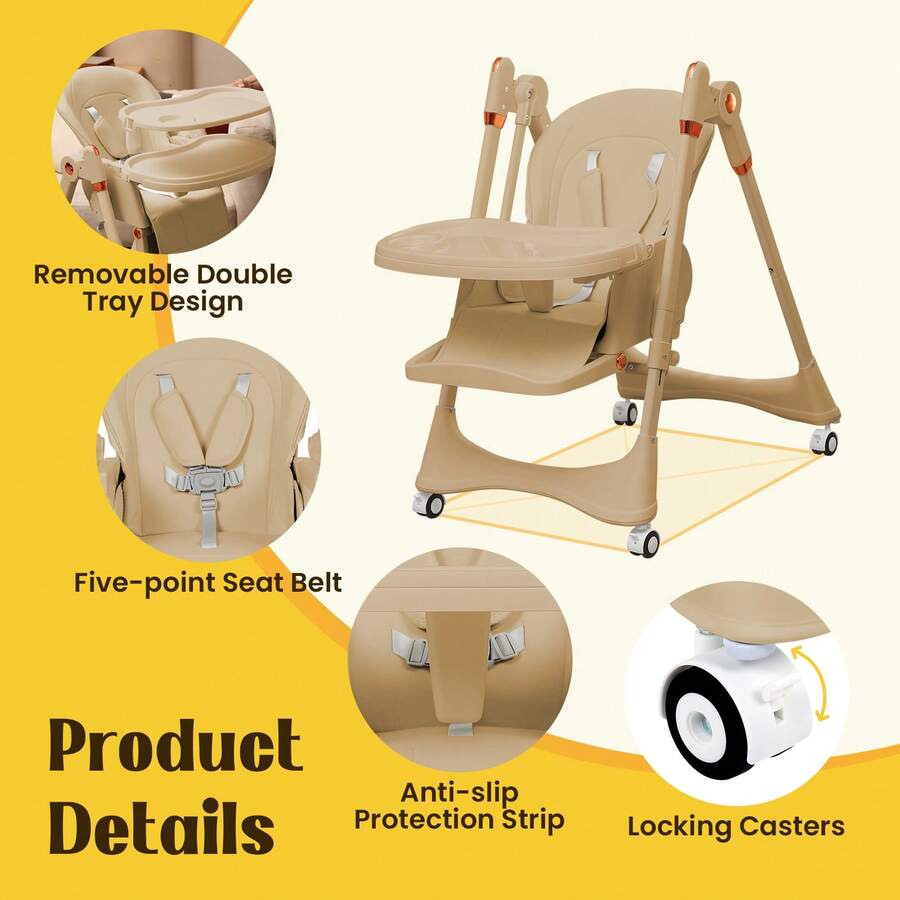 Baby High Chair6-In-1 Foldable Baby High Chair For 0-36 Months - 5 Height Adjustable Convertible Infant Toddler Feeding Chair, Removable Easy-Clean Tray & Locking Wheels, Soft PU Seat High Chair With Safety Harness, Multi-Stage High Chair For Home Dining, Travel & Small Spaces, Available In 6 Colors(The Best Christmas Gift For Children) - Milk Coffee Brown + Universal Wheel - View 7