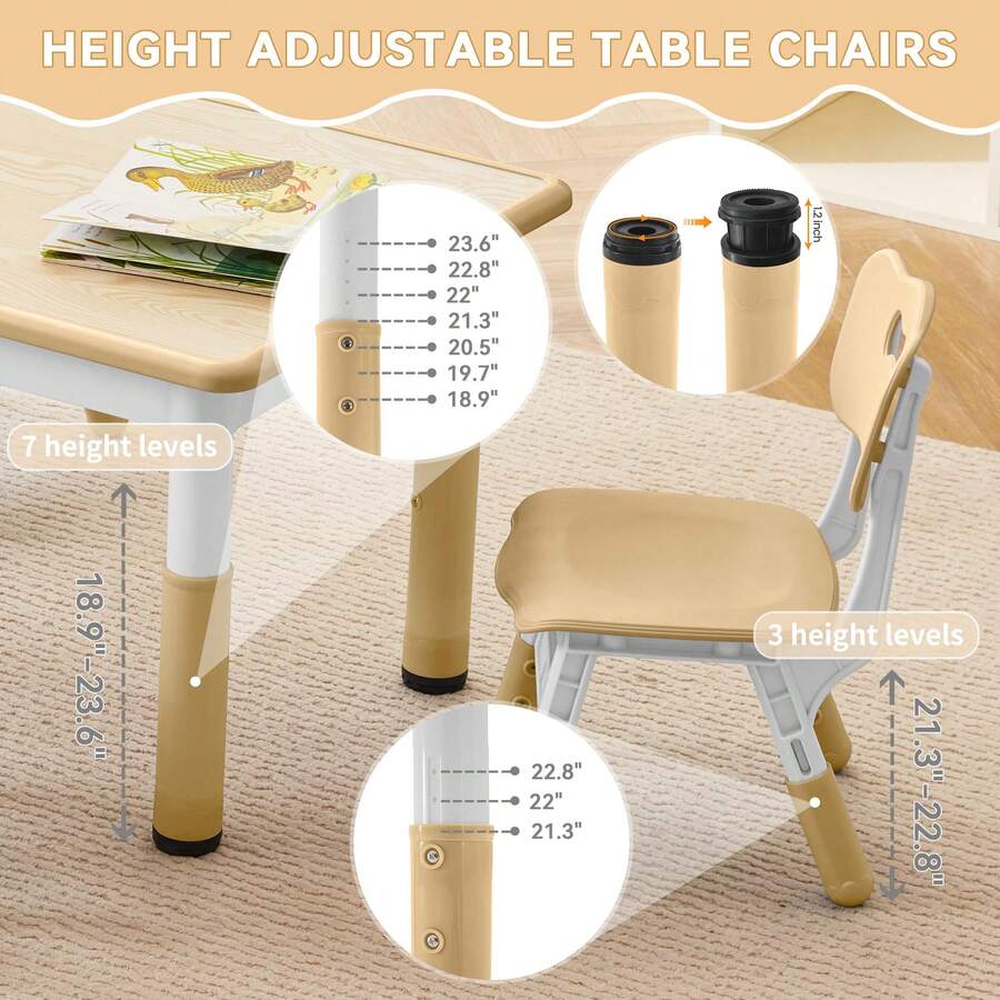 Kids Study Table And Chairs Set, Height Adjustable Toddler Table And Chair Set For Kids Ages 3-8, 31.5" L X 23.6" W Graffiti Desktop Plastic Children Art Table With 4 Seats - Brown - View 2