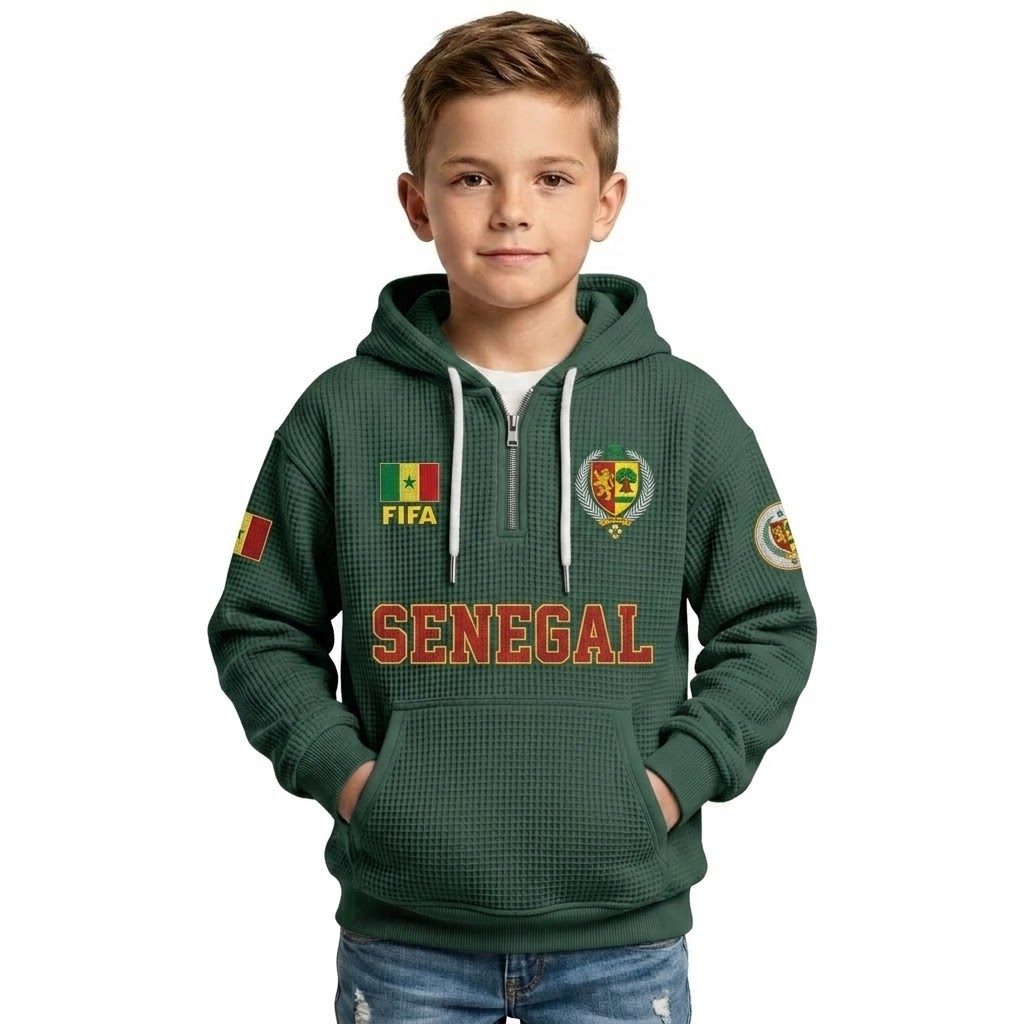 FIFA 2026 Senegal Printed Waffle Quarter Zip Football Fan Hoodie For Kids