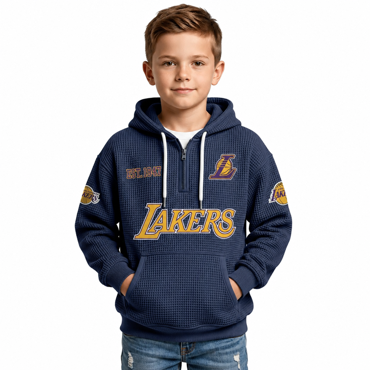 Los Angeles Lakers EST 1947 Printed Waffle Quarter Zip Basketball Fan Hoodie For Kids